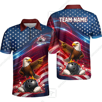 Custom Bowling Jersey Polo Shirt, Eagle Bowling Flag America Thunder Wave, Custom Bowling Jersey Team Shirt For Players With Name and Team Name