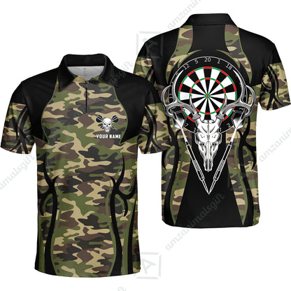 Customized Darts Team Quarter-Zip Polo Shirt, Camo Skull Deer Dartboard Polo Shirt With Name Team Name For Darts League