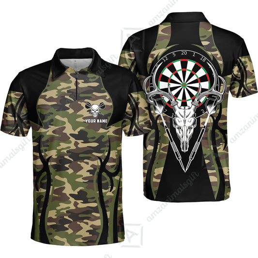Customized Darts Team Quarter-Zip Polo Shirt, Camo Skull Deer Dartboard Polo Shirt With Name Team Name For Darts League