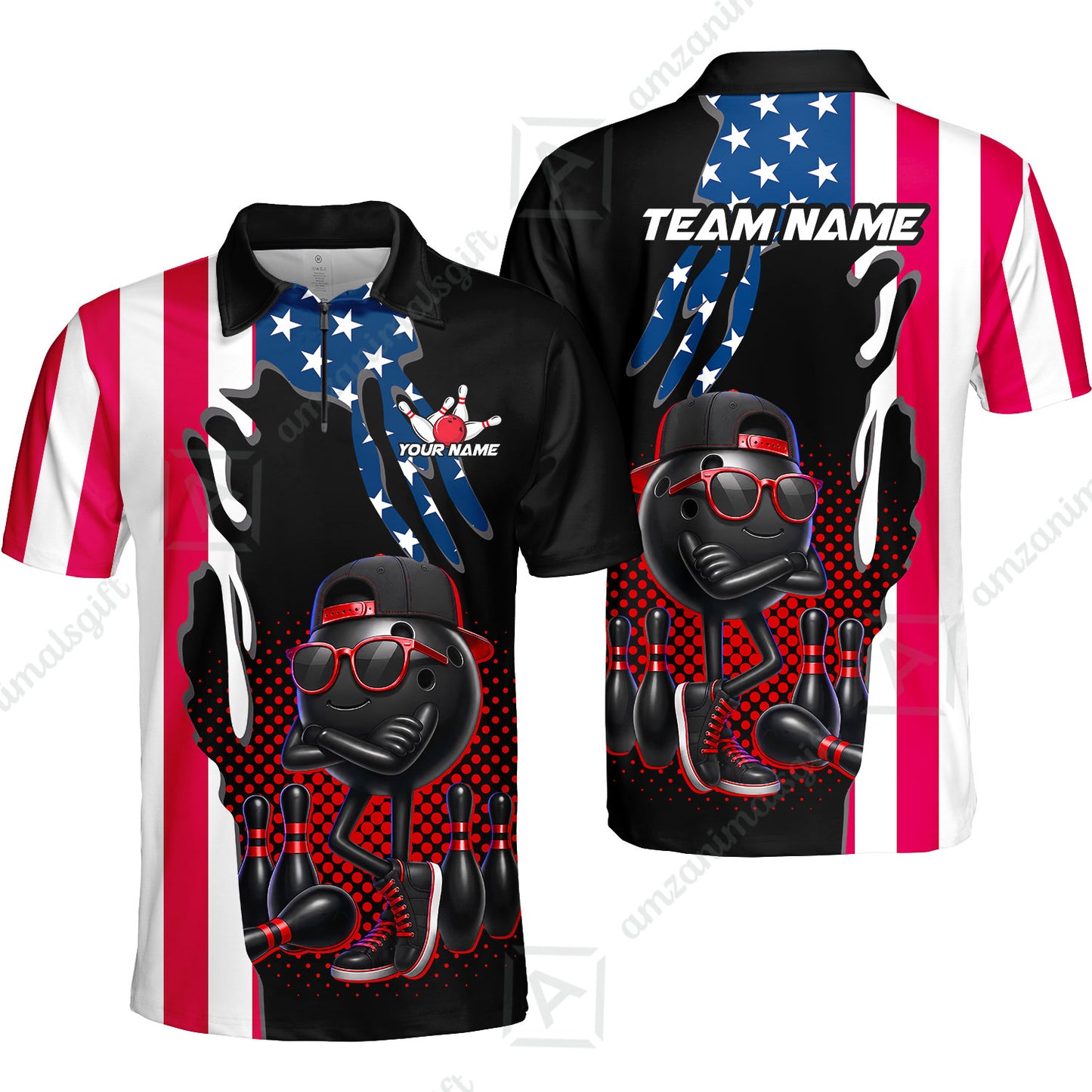 Custom Bowling Jersey Polo Shirt, Cool Hip Hop Patriotic Ball Mascot, Custom Bowling Jersey Team Shirt For Players With Name and Team Name