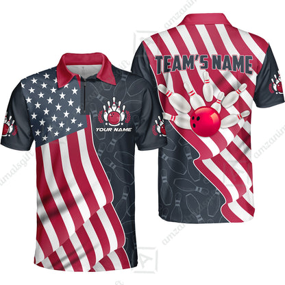Customized Bowling Unisex Polo Shirt, Bowling America Flag Waving, Bowling Uniform - Personalized Name And Team Name