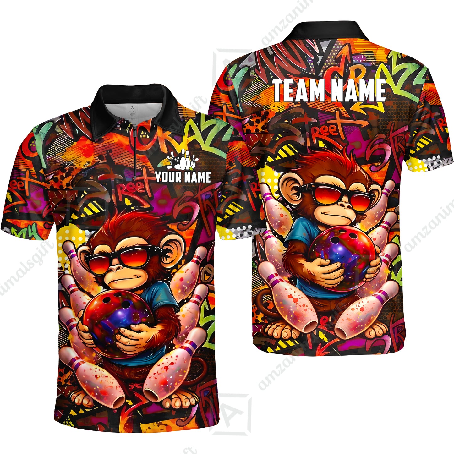 Custom Bowling Jersey Polo Shirt, Street Graffiti Funny Monkey Mascot, Custom Bowling Jersey Team Shirt For Players With Name & Team Name