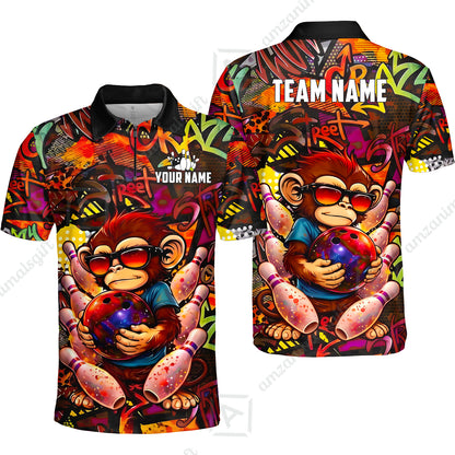 Custom Bowling Jersey Polo Shirt, Street Graffiti Funny Monkey Mascot, Custom Bowling Jersey Team Shirt For Players With Name & Team Name