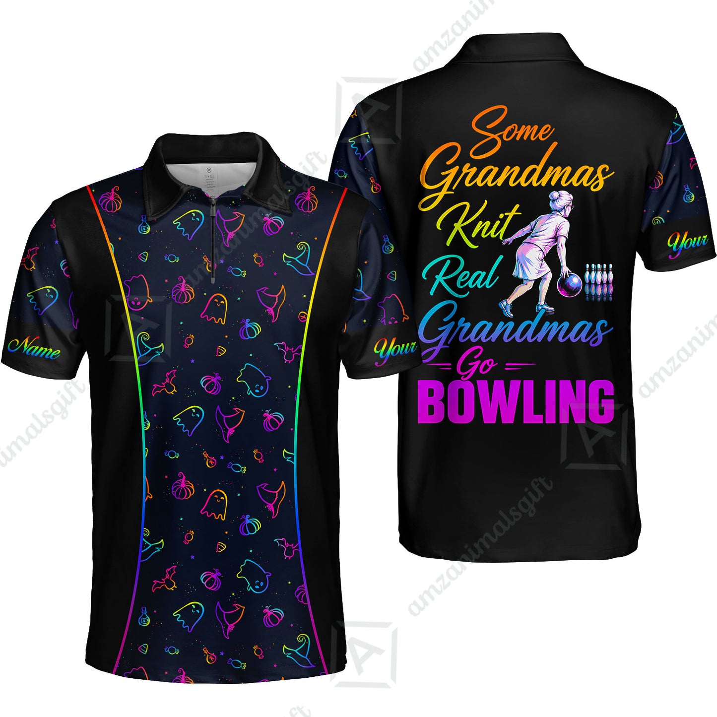 Custom Bowling Jersey Polo Shirt, Some Grandmas Bowl Real Grandmas Play Bowling Halloween Rainbow Pattern, Personalized Name And Team Name