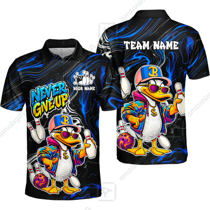 Custom Bowling Jersey Polo Shirt, Duck Never Give Up, Custom Bowling Jersey Team Shirt For Players With Name & Team Name