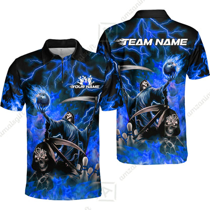 Custom Bowling Team Quarter-Zip Polo Shirt, Grim Reaper Skull With Flame Bowling Lightning Design for Bowlers, Personalized Shirt with Name and Team Name
