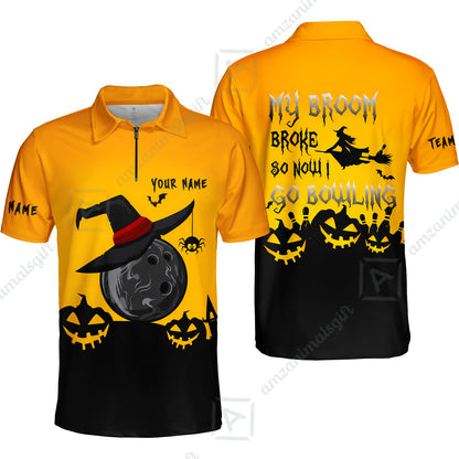 Custom Bowling Jersey Polo Shirt, Halloween My Broom Broke So Now I Go Bowling, Personalized Name And Team Name