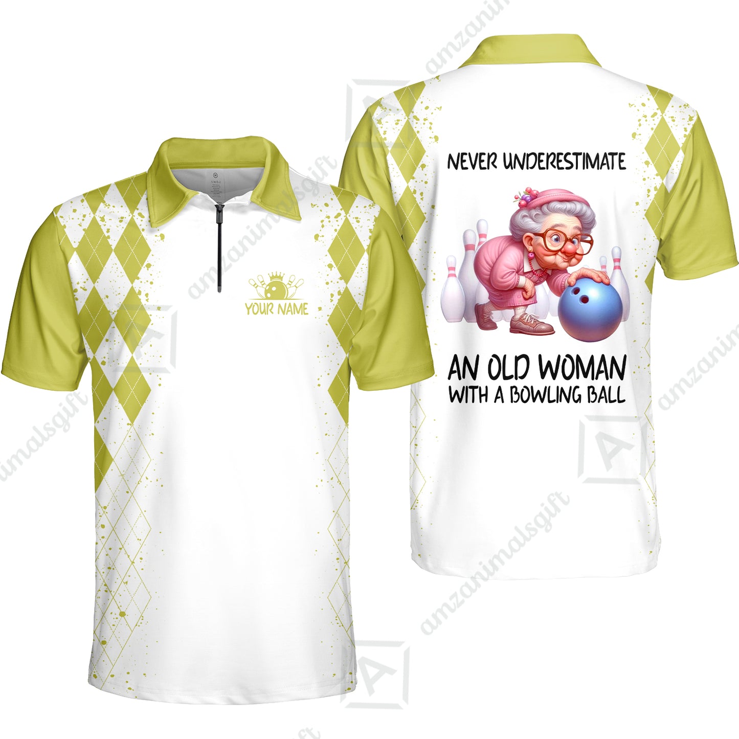 Custom Bowling Jersey Polo Shirt, Never Underestimate An Old Woman With A Bowling Ball, Personalized Name & Team Name