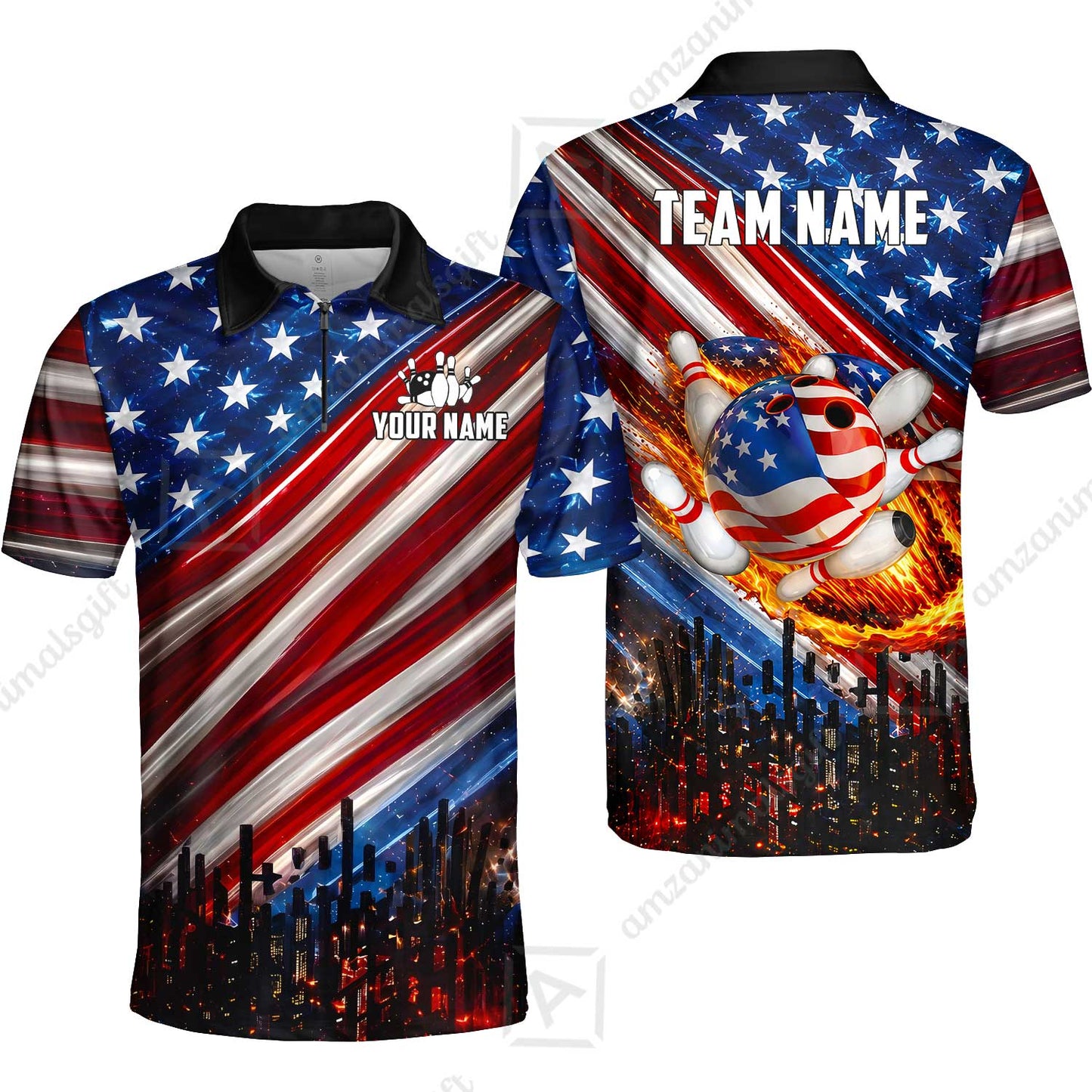 Customized American Flag Flaming Ball Bowling Jersey, Custom Name And Team Name For Bowlers