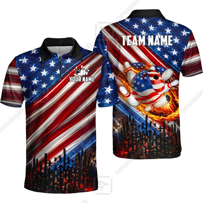 Customized American Flag Flaming Ball Bowling Jersey, Custom Name And Team Name For Bowlers