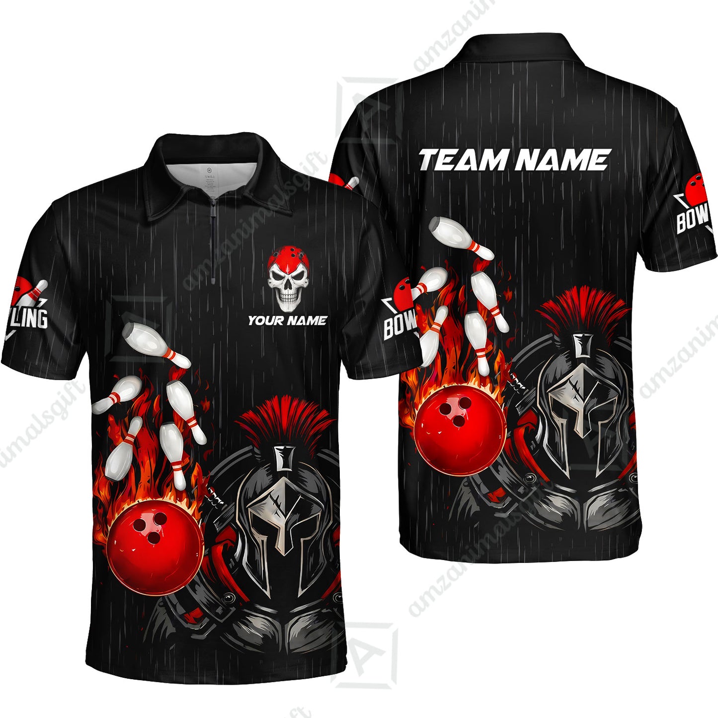 Custom Bowling Jersey Polo Shirt, Fire Bowling Knight Rain Skull Logo, Personalize Name & Team Name