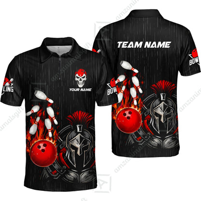 Custom Bowling Jersey Polo Shirt, Fire Bowling Knight Rain Skull Logo, Personalize Name & Team Name