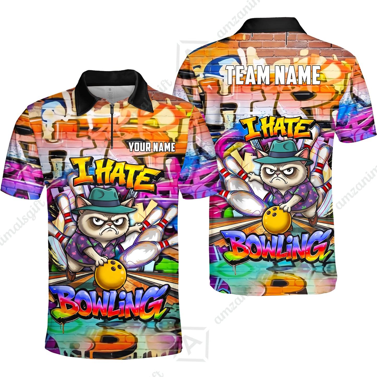 Custom Bowling Jersey Polo Shirt, Sarcastic Grumpy Cat Graffiti, Custom Bowling Jersey Team Shirt For Players With Name and Team Name