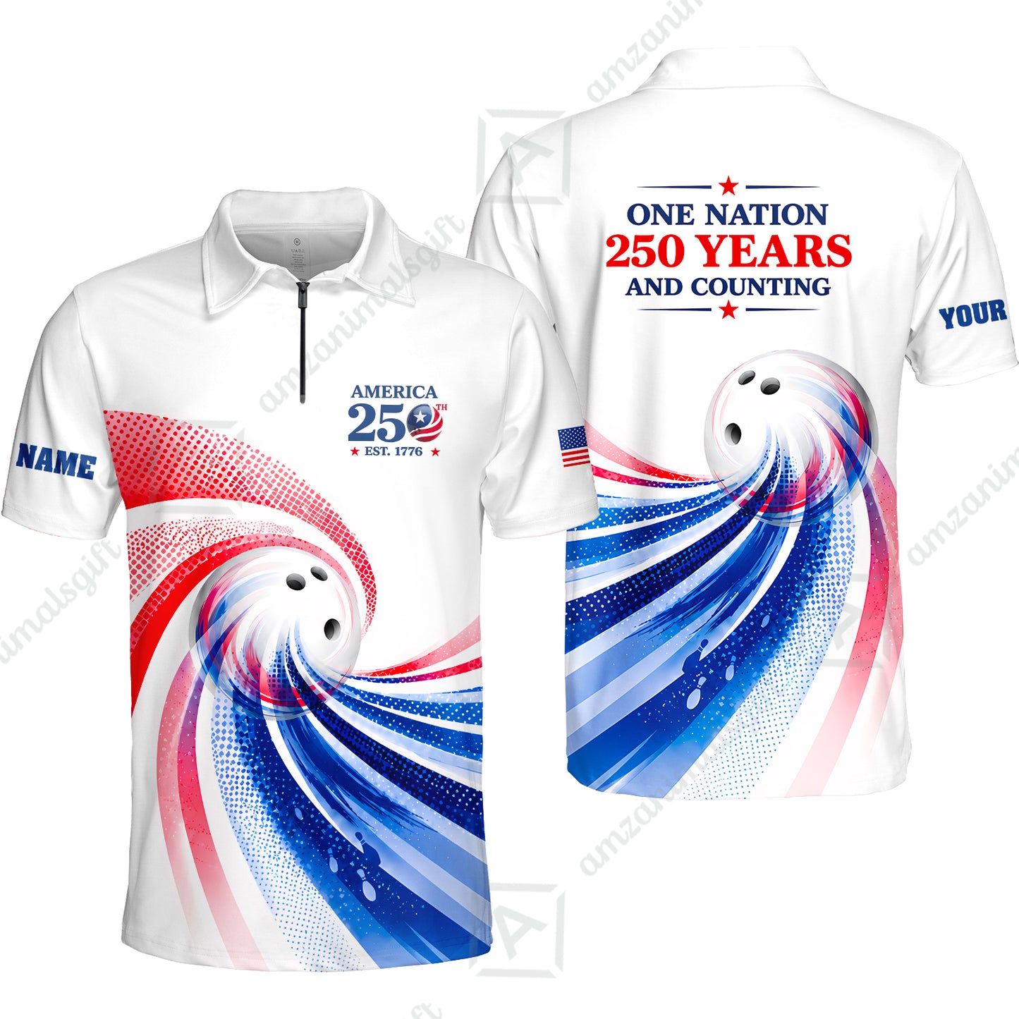 Custom Bowling Jersey Polo Shirt, One Nation 250 Years And Counting, Personalize Name and Team Name