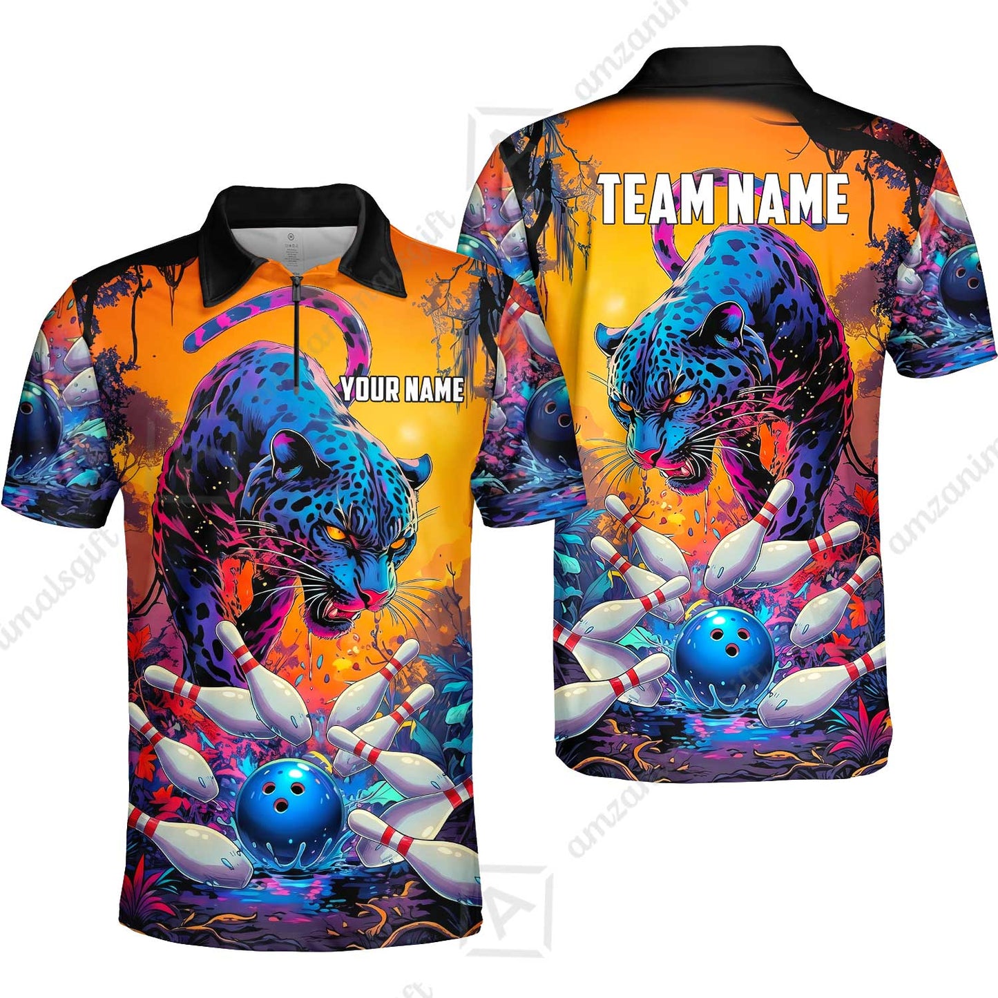 Custom Bowling Jersey Polo Shirt, Psychedelic Neon Jungle Jaguar, Custom Bowling Jersey Team Shirt For Players With Name and Team Name