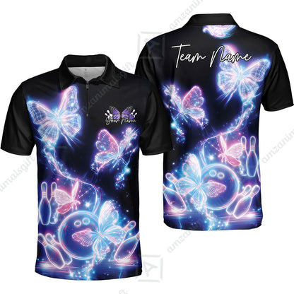 Custom Bowling Jersey Polo Shirt, Neon Electric Radiant Butterfly Glow, Custom Bowling Jersey Team Shirt For Players With Name & Team Name