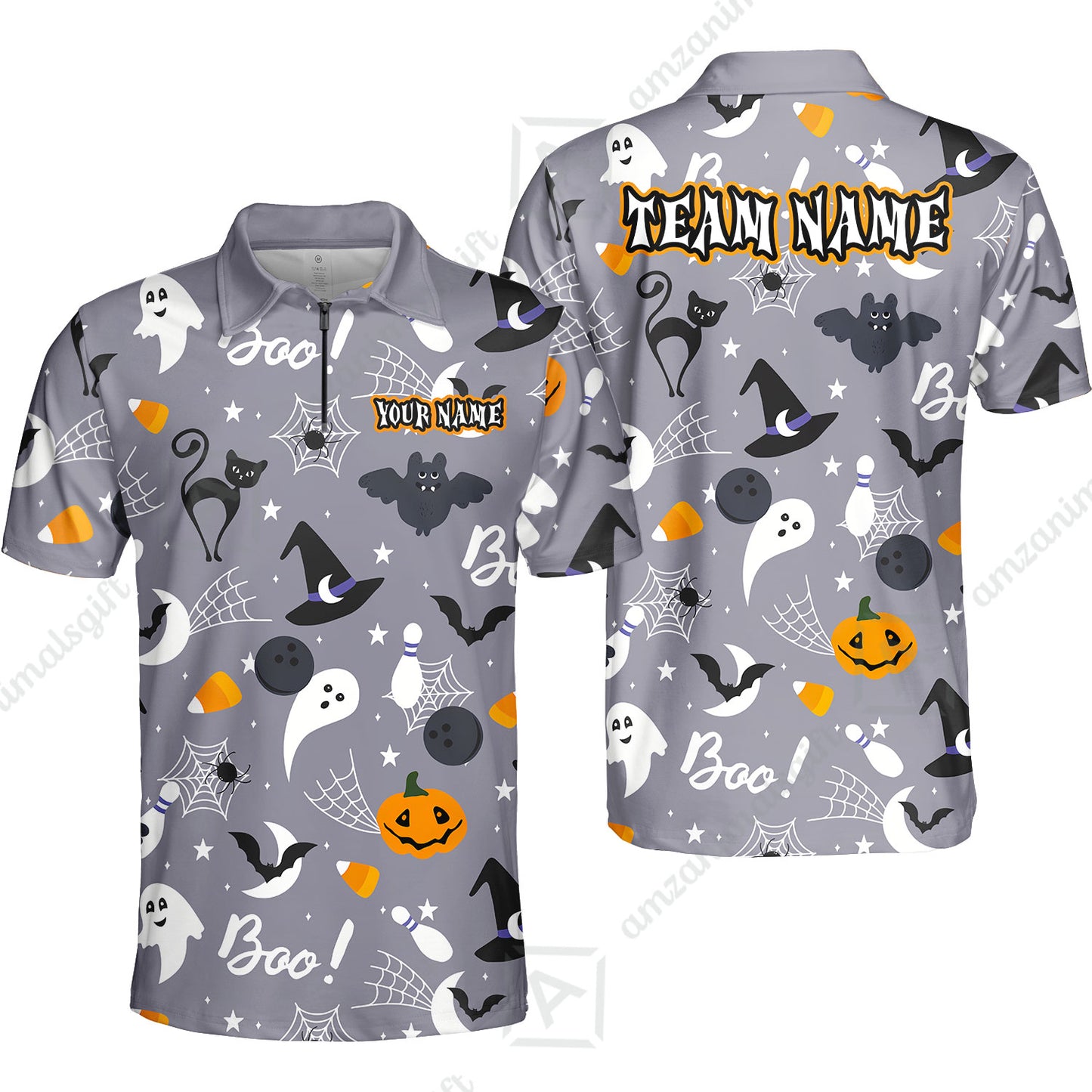 Customized Bowling Shirt, Halloween Pattern Bowling And Pin Boo Cat Ghost Bat Pumpkin, Personalized Polo Shirt For Players With Name & Team Name