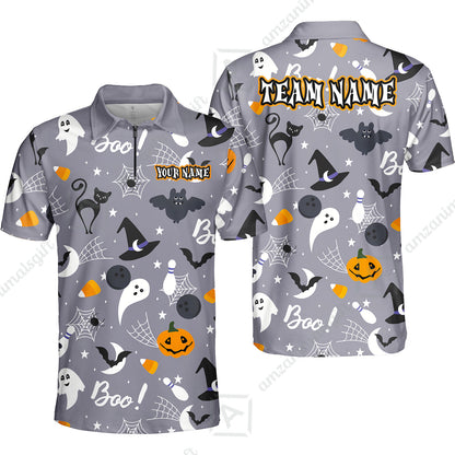 Customized Bowling Shirt, Halloween Pattern Bowling And Pin Boo Cat Ghost Bat Pumpkin, Personalized Polo Shirt For Players With Name & Team Name