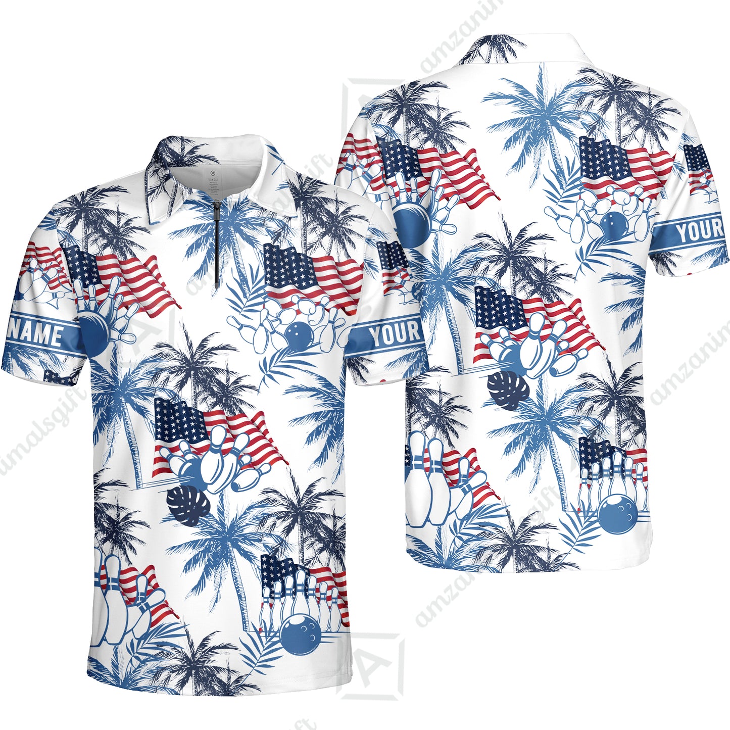 Customized Tropical American-style Bowling Quarter-Zip Polo Shirt With Palm Trees, Flags – Perfect For Summer Bowling Vibes