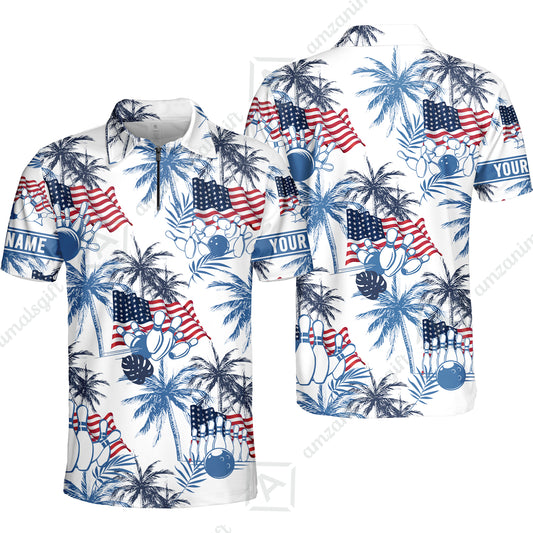 Customized Tropical American-style Bowling Quarter-Zip Polo Shirt With Palm Trees, Flags – Perfect For Summer Bowling Vibes