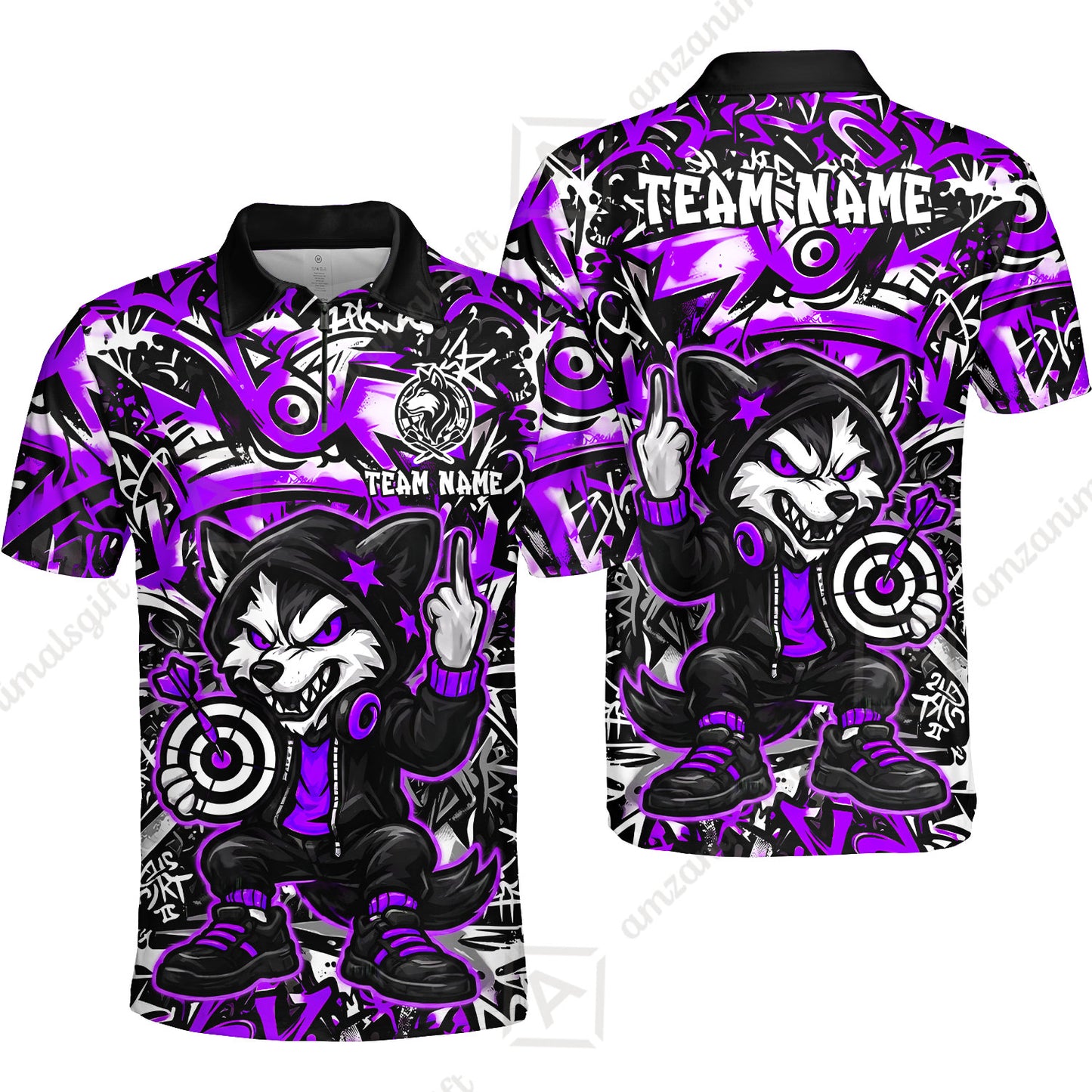 Customized Darts Team Uniform Shirt, Cool Cartoon Wolf With Dartboard, Personalized Name And Team Name