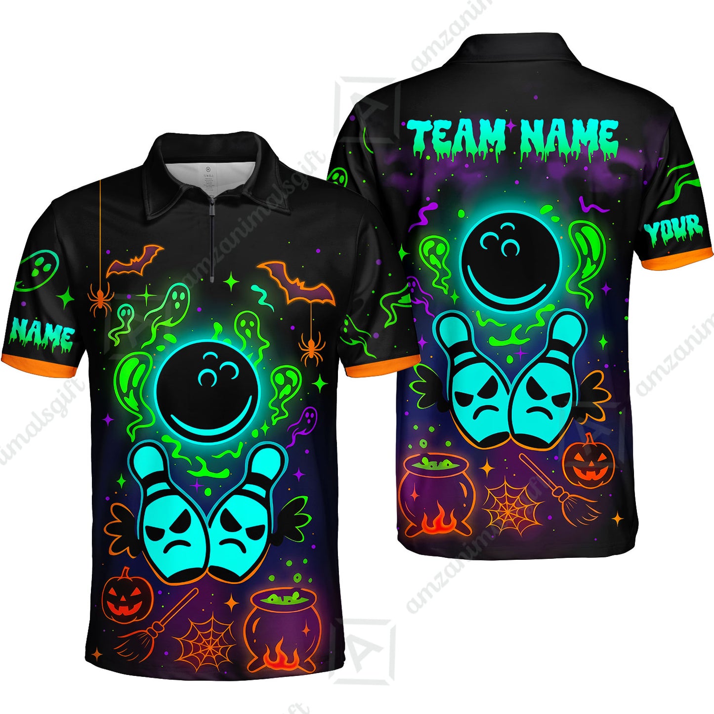 Customized Bowling Shirt, Halloween Neon Bowling, Personalized Polo Shirt For Players With Name & Team Name