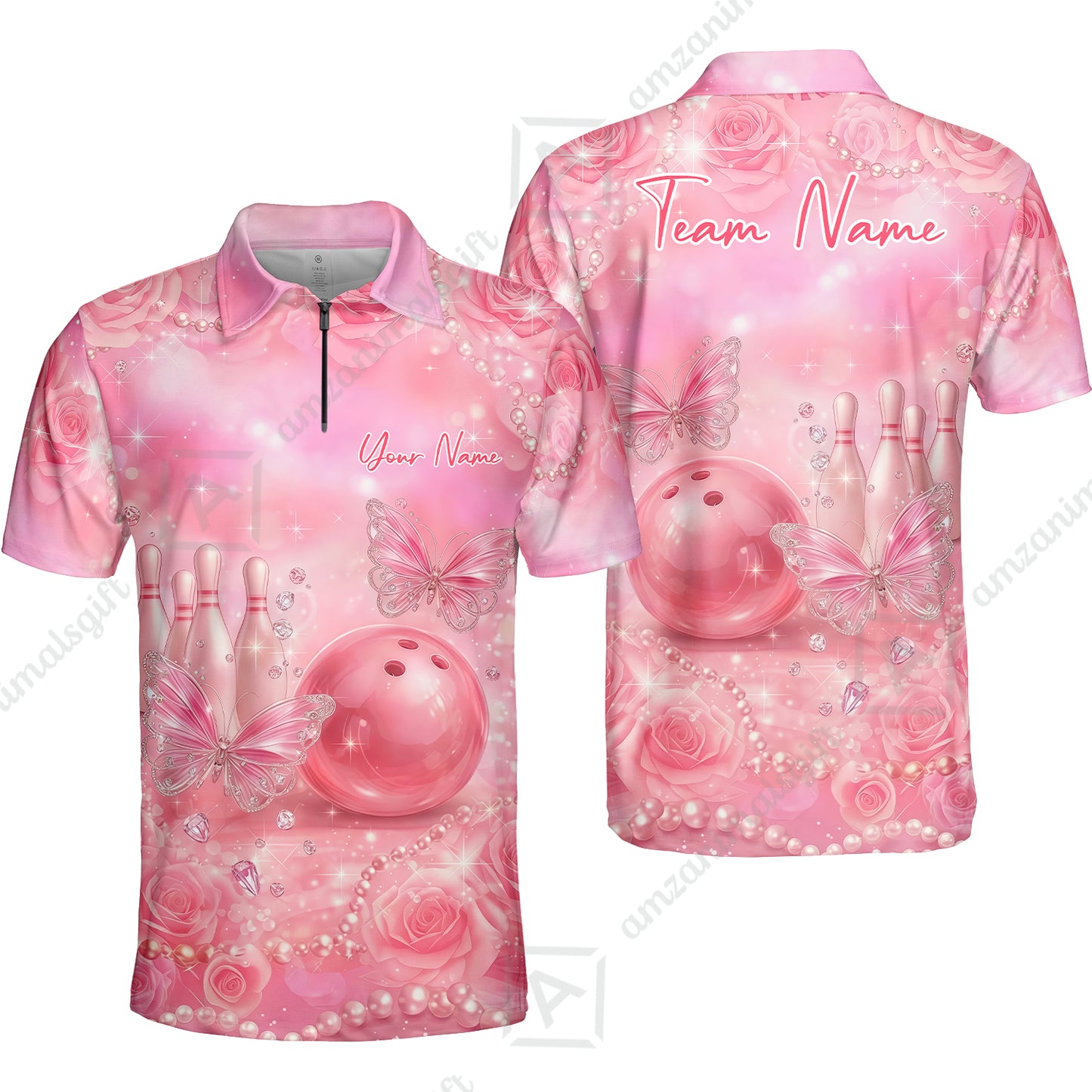 Custom Pink Diamond Bowling Jersey Polo Shirt, Custom Pink Diamond Bowling Jersey Team Shirt For Players With Name & Team Name