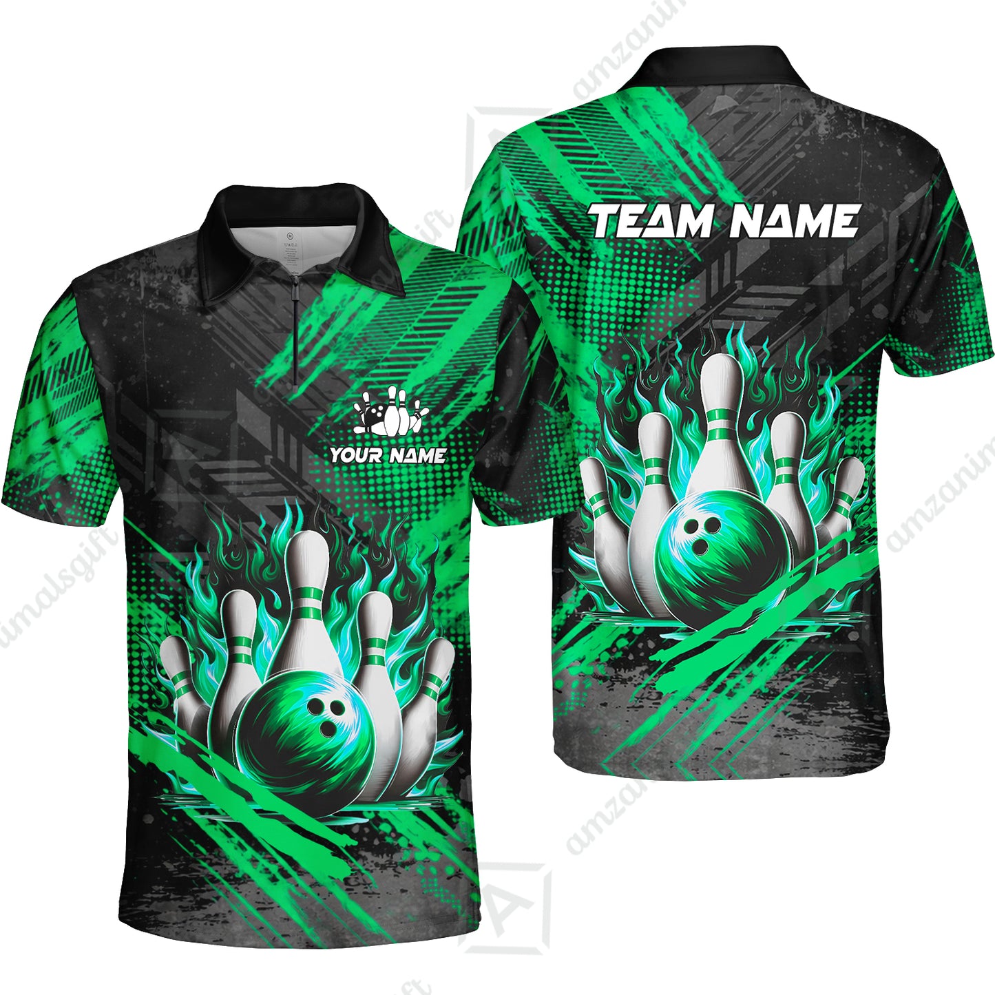 Custom Bowling Team Quarter-Zip Polo Shirt, Personalized Flame Bowling Jersey with Name & Team Name for Men & Women