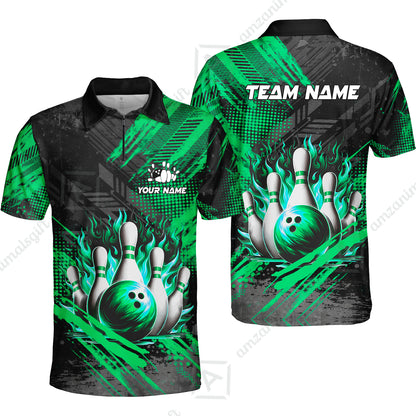 Custom Bowling Team Quarter-Zip Polo Shirt, Personalized Flame Bowling Jersey with Name & Team Name for Men & Women
