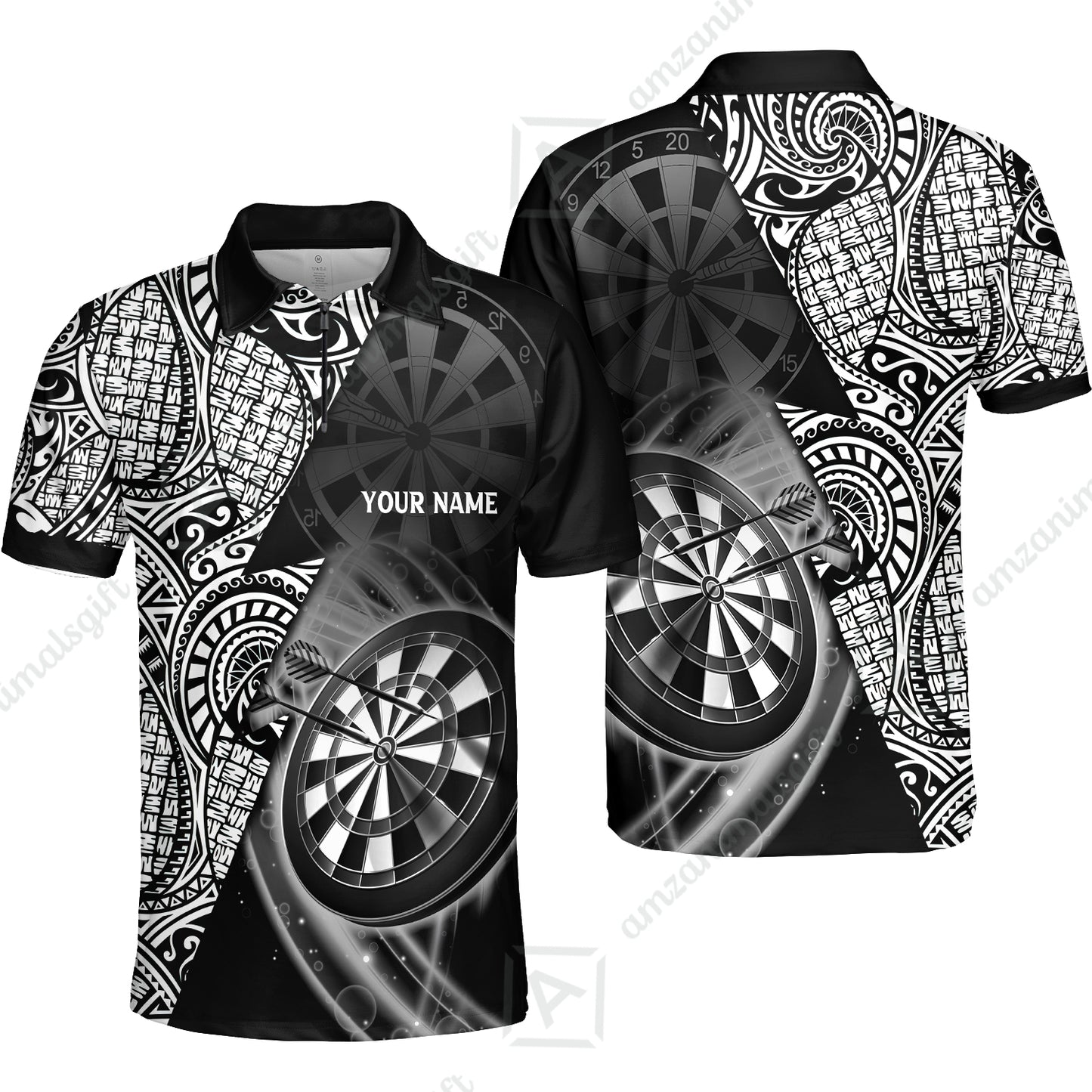 Customized Darts Polo Shirt, Black & White Tattoo Darts, Personalized Name Polo Shirt For Men - Perfect Gift For Darts Lovers, Darts Players