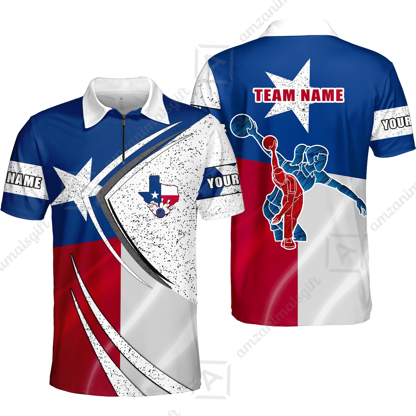 Customized Bowling Quarter-Zip Polo Shirt, Bowling And Pins Texas Style Customized Name And Team Name Uniform Polo Shirts