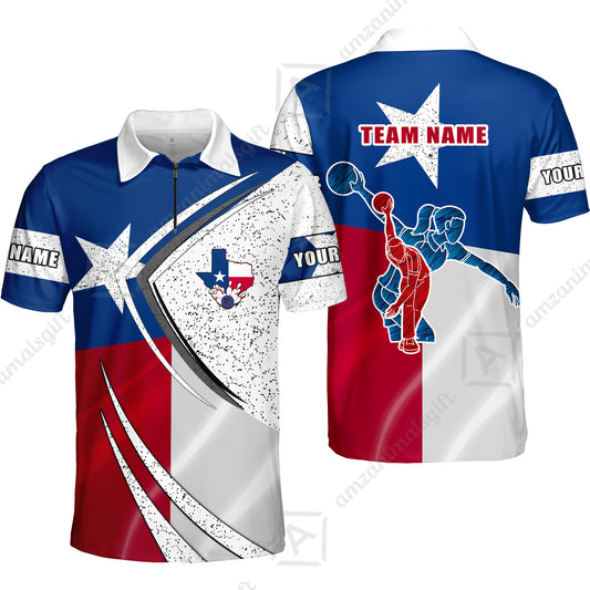 Customized Bowling Quarter-Zip Polo Shirt, Bowling And Pins Texas Style Customized Name And Team Name Uniform Polo Shirts