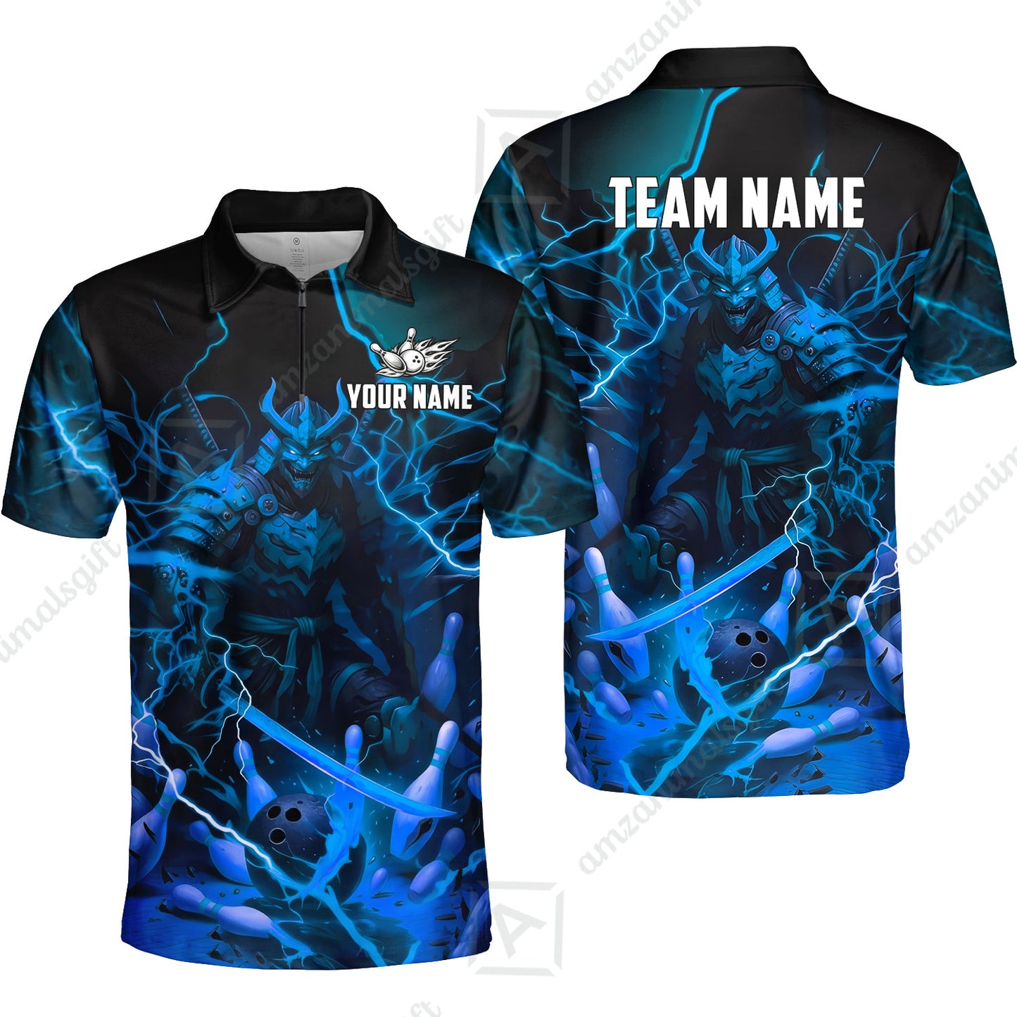 Custom Bowling Jersey Polo Shirt, Fiery Samurai Strike, Custom Bowling Jersey Team Shirt For Players With Name & Team Name