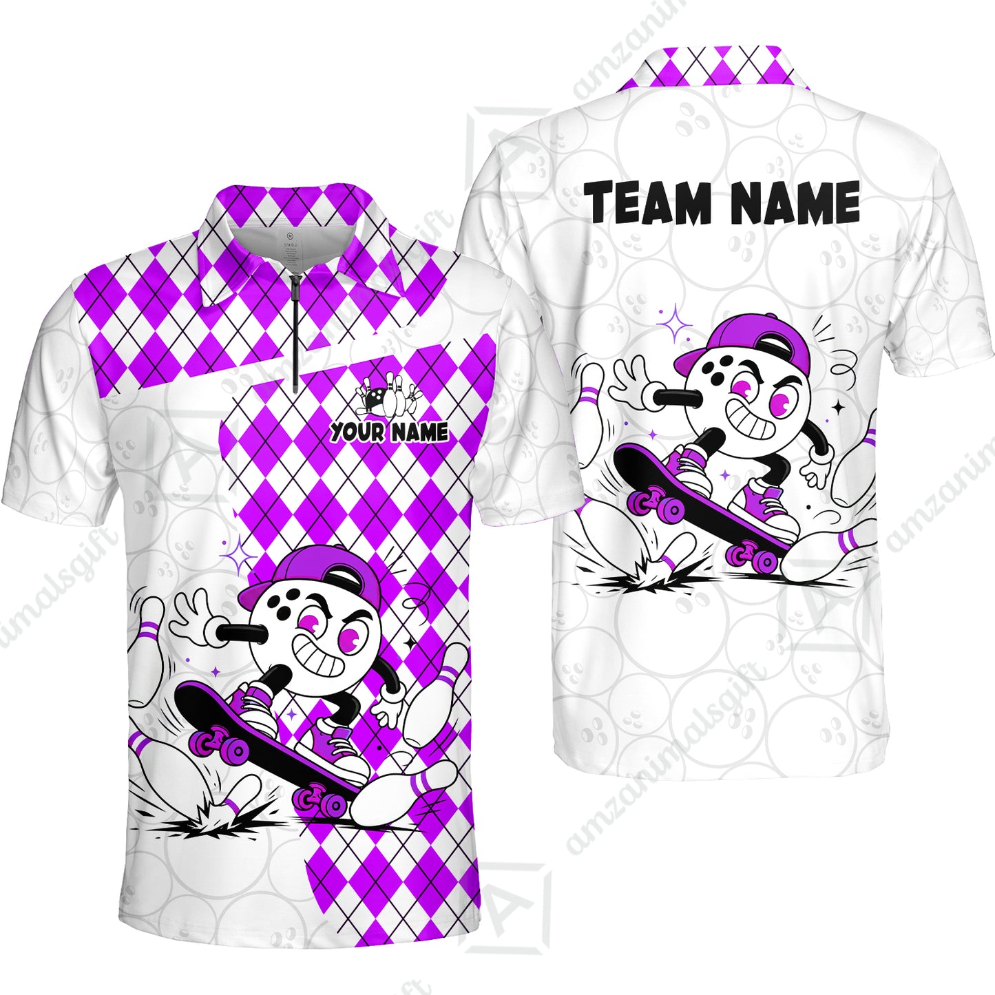 Custom Bowling Jersey Polo Shirt, Skateboarder Bowling Ball Mascot, Custom Bowling Jersey Team Shirt For Players With Name and Team Name