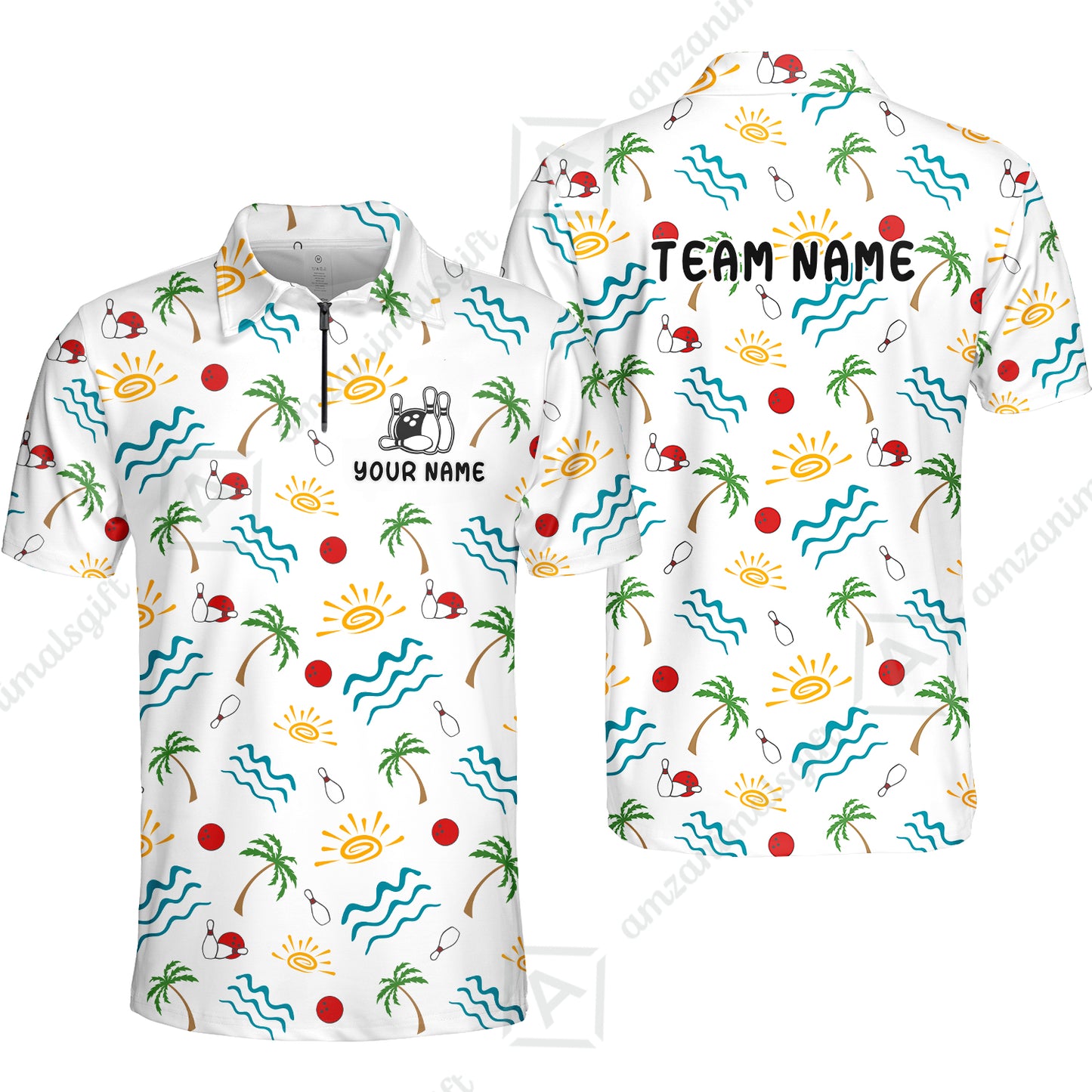 Custom Bowling Jersey Polo Shirt, Tropical Hand-Drawn Summer Doodle, Custom Bowling Jersey Team Shirt For Players With Name and Team Name