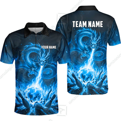 Custom Bowling Jersey Polo Shirt, Asian Dragon's Fire Strike, Custom Bowling Jersey Team Shirt For Players With Name & Team Name