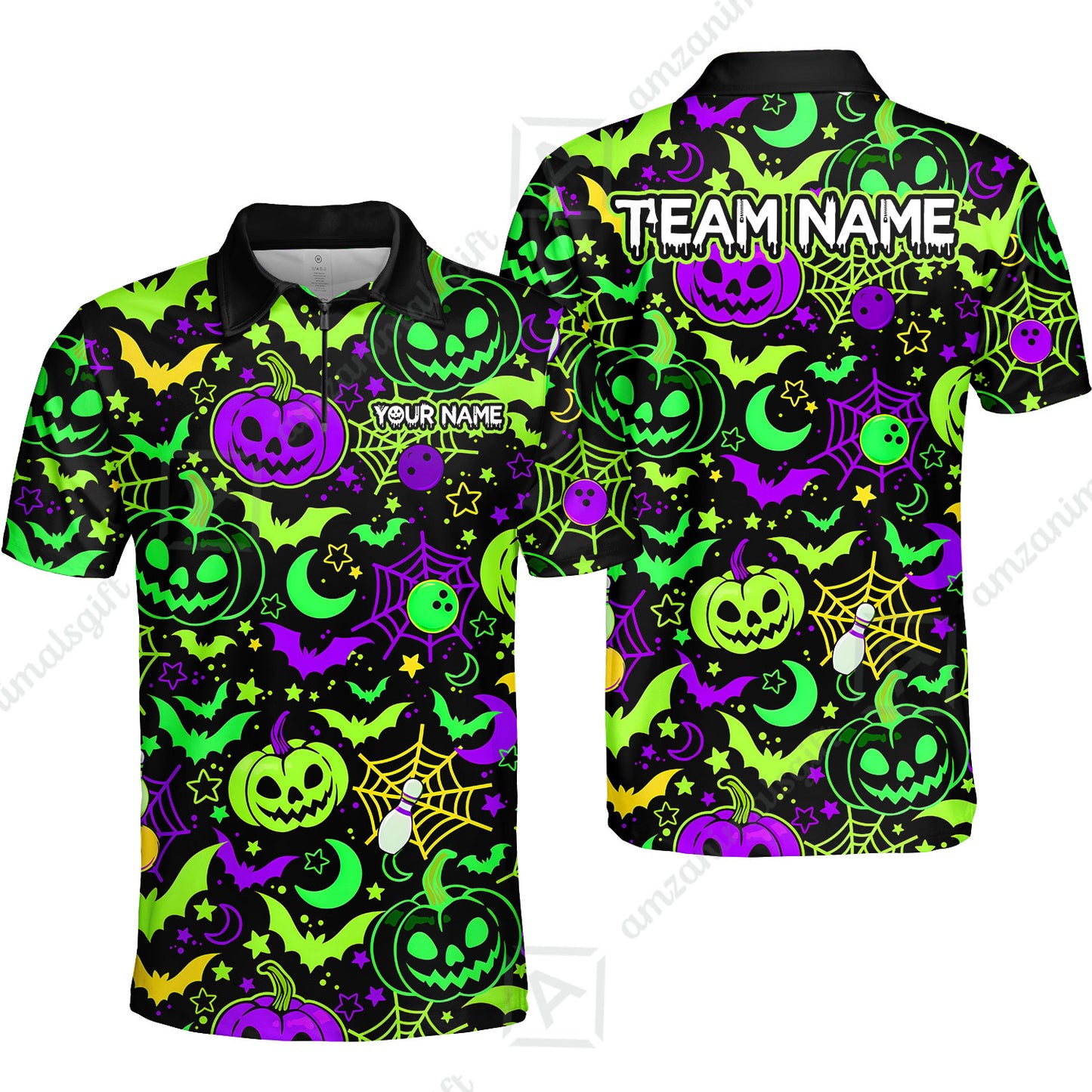 Customized Bowling Shirt, Neon Halloween Pattern Bowling And Pin Pumpkins Spider Bat, Personalized Polo Shirt For Players With Name & Team Name
