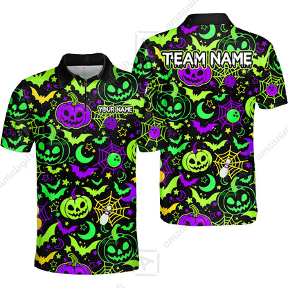 Customized Bowling Shirt, Neon Halloween Pattern Bowling And Pin Pumpkins Spider Bat, Personalized Polo Shirt For Players With Name & Team Name