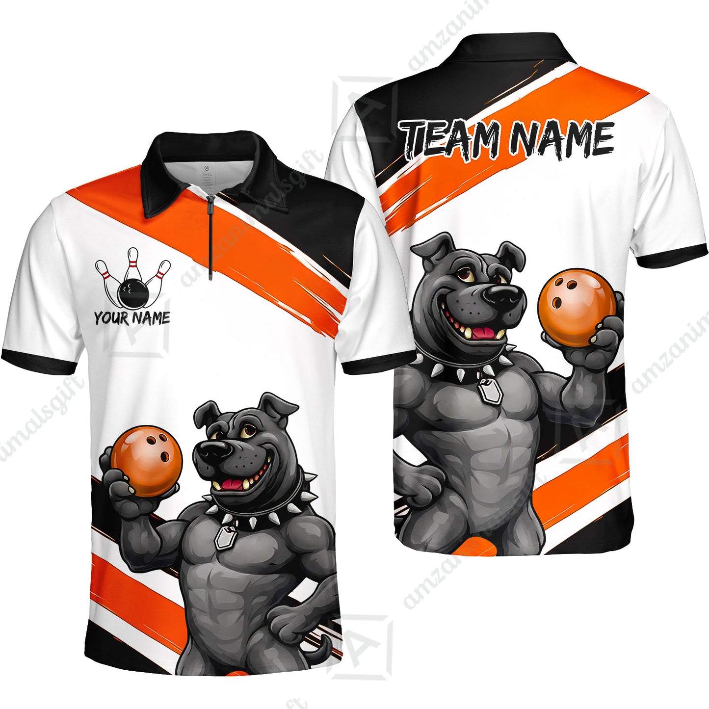 Custom Bowling Jersey Polo Shirt, Pitbull Hold Bowling Ball, Custom Bowling Jersey Team Shirt For Players With Name & Team Name