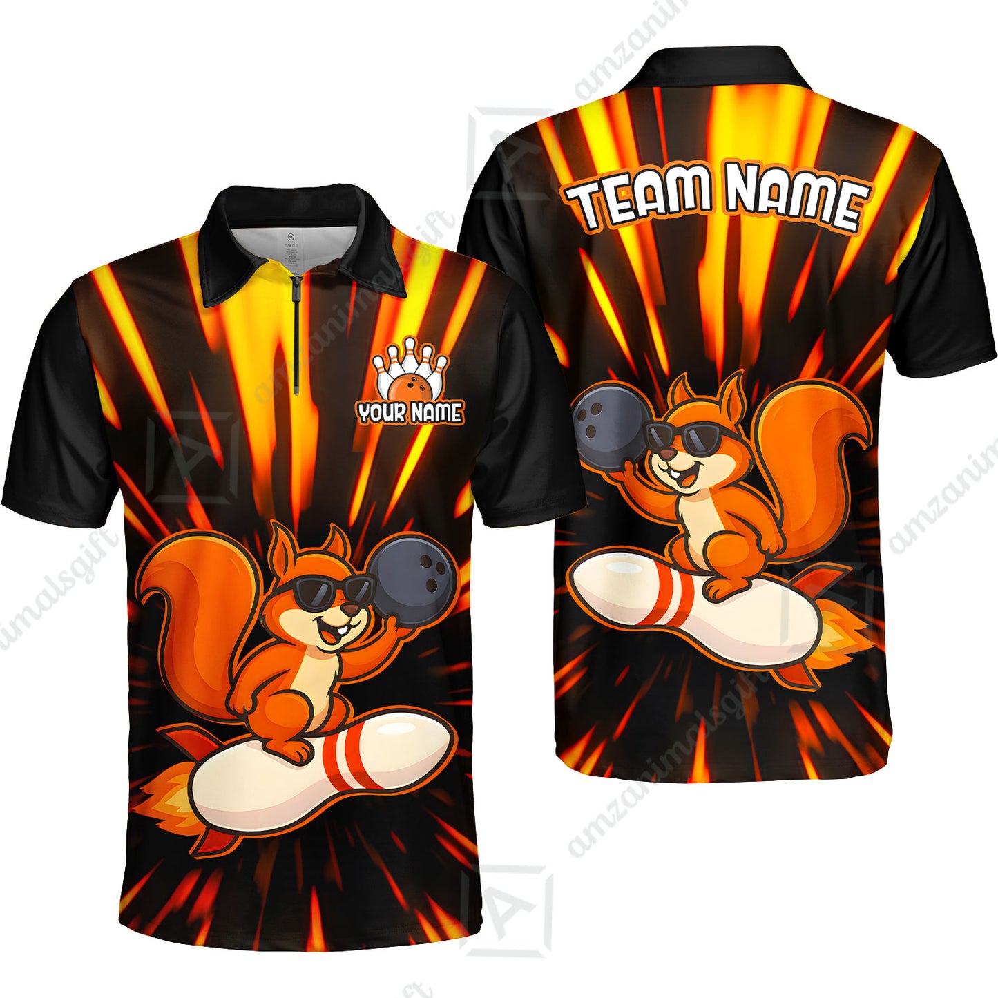 Funny Bowling Custom Polo T-Shirt - Fun Cartoon Flame With Squirrel Wearing Sunglasses, Personalized Bowling Jersey Polo Shirts