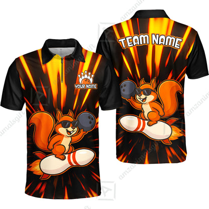 Funny Bowling Custom Polo T-Shirt - Fun Cartoon Flame With Squirrel Wearing Sunglasses, Personalized Bowling Jersey Polo Shirts