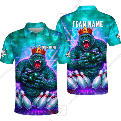 Custom Bowling Jersey Polo Shirt, King Gorilla Holding Bowling Ball, Custom Bowling Jersey Team Shirt For Players With Name & Team Name