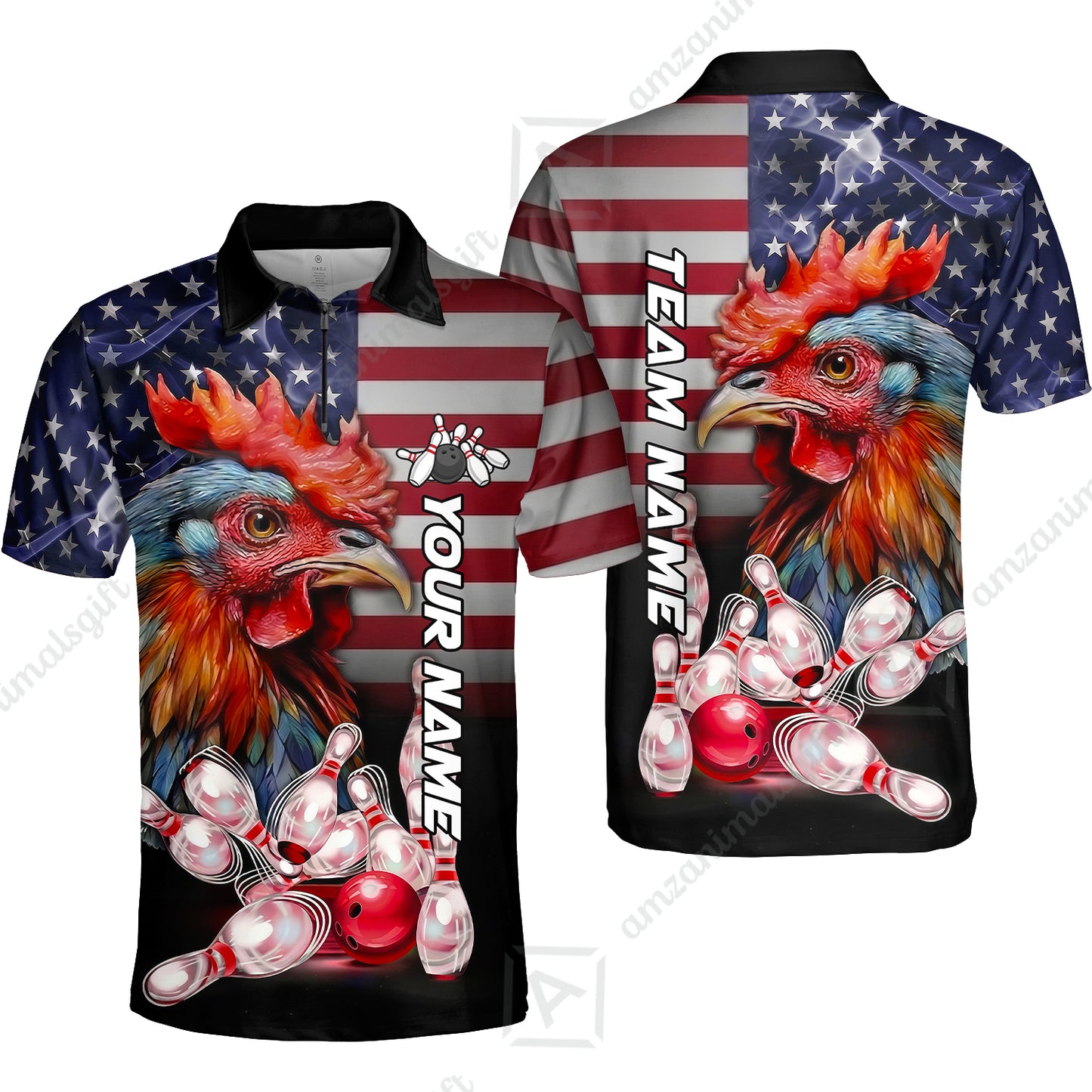Custom Bowling Jersey Polo Shirt, Colorful Rooster Bowling Custom Bowling Jersey Team Shirt For Players With Name & Team Name