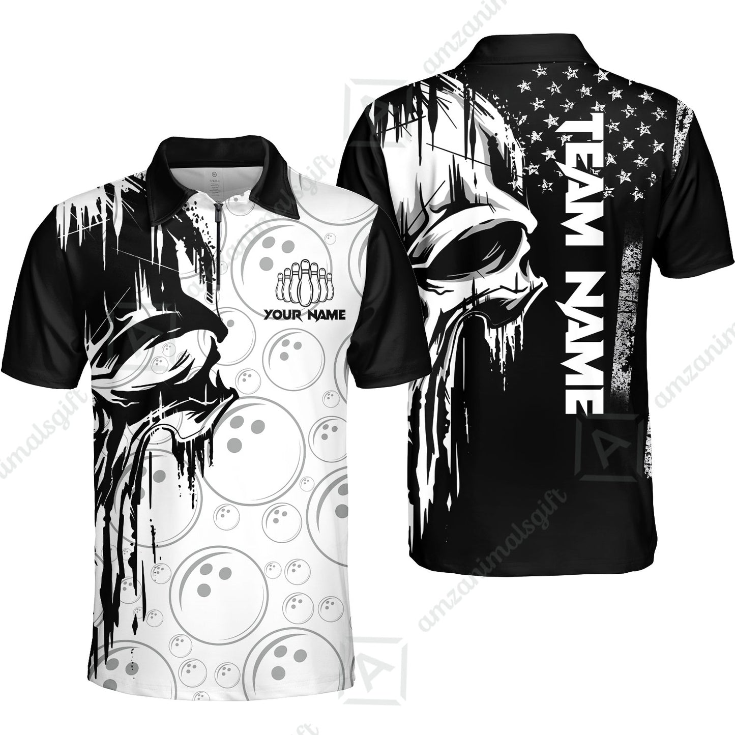 Customized Bowling Unisex Polo Shirt, American Flag Dripping Skull, Bowling Uniform - Personalized Name And Team Name