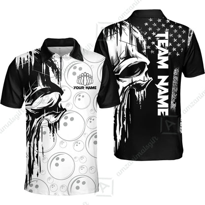 Customized Bowling Unisex Polo Shirt, American Flag Dripping Skull, Bowling Uniform - Personalized Name And Team Name