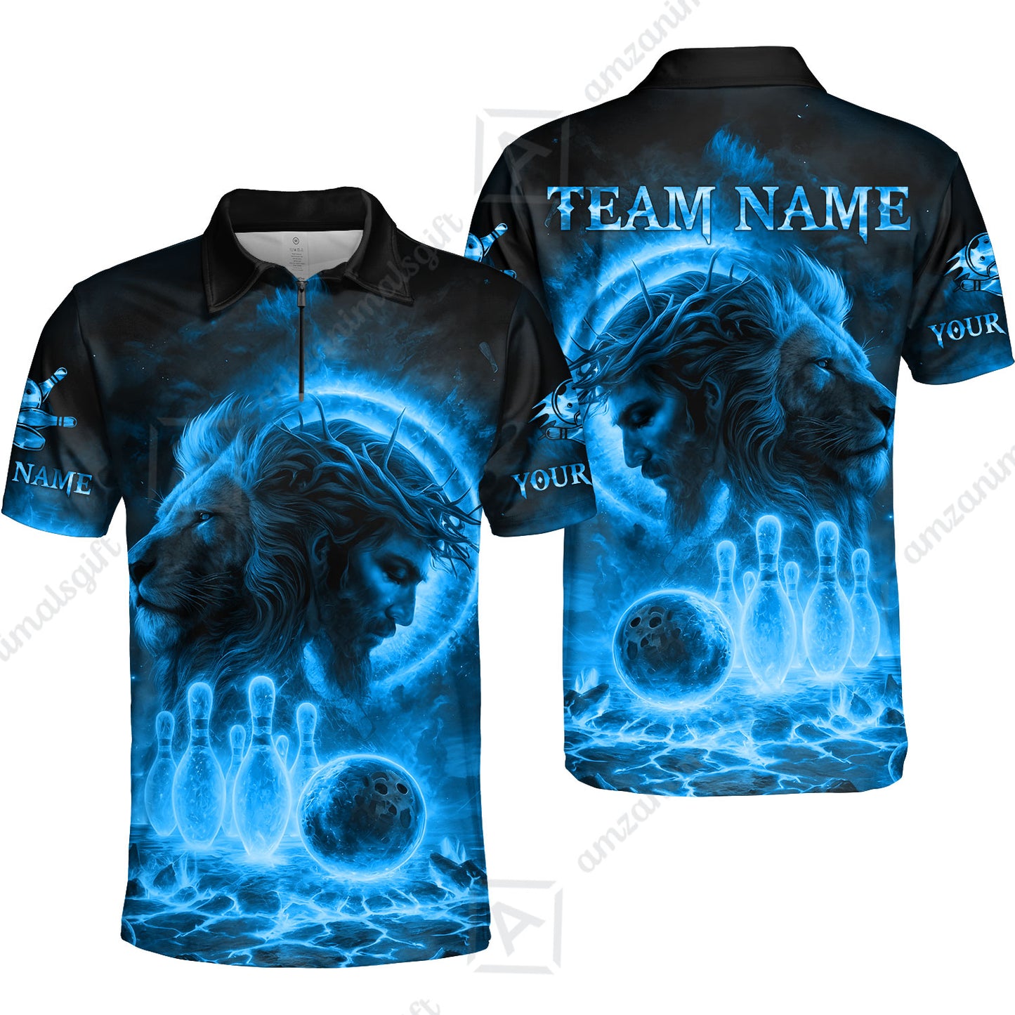 Custom Bowling Team Short Sleeve Men Polo Shirt, Flame The Lion OF Judah With Bowling, Custom Name and Team Name for Bowlers