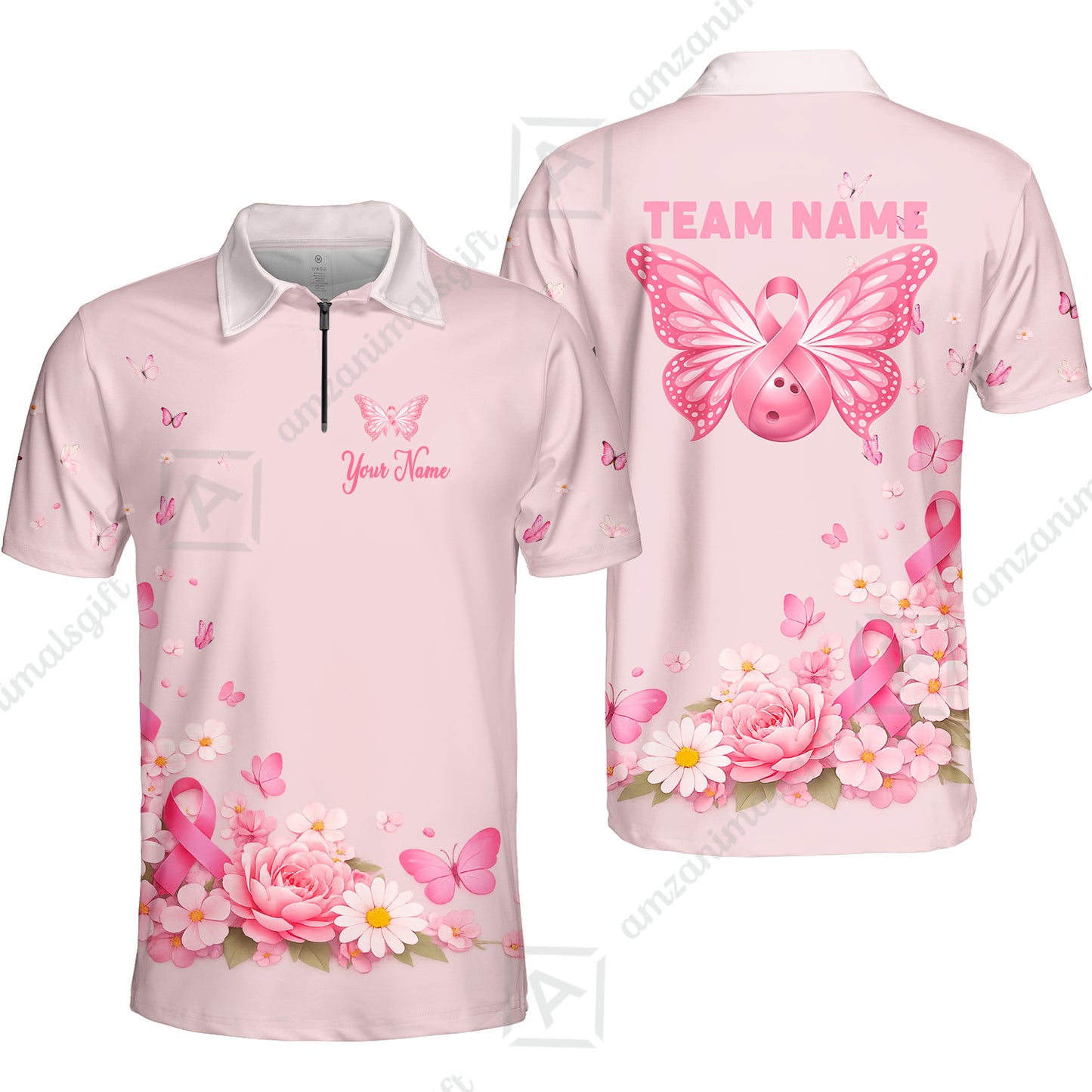 Custom Bowling Jersey Polo Shirt, Pink Butterfly Bowling, Custom Bowling Jersey Team Shirt For Players With Name & Team Name