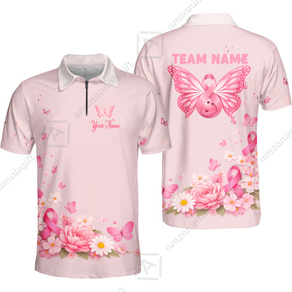 Custom Bowling Jersey Polo Shirt, Pink Butterfly Bowling, Custom Bowling Jersey Team Shirt For Players With Name & Team Name