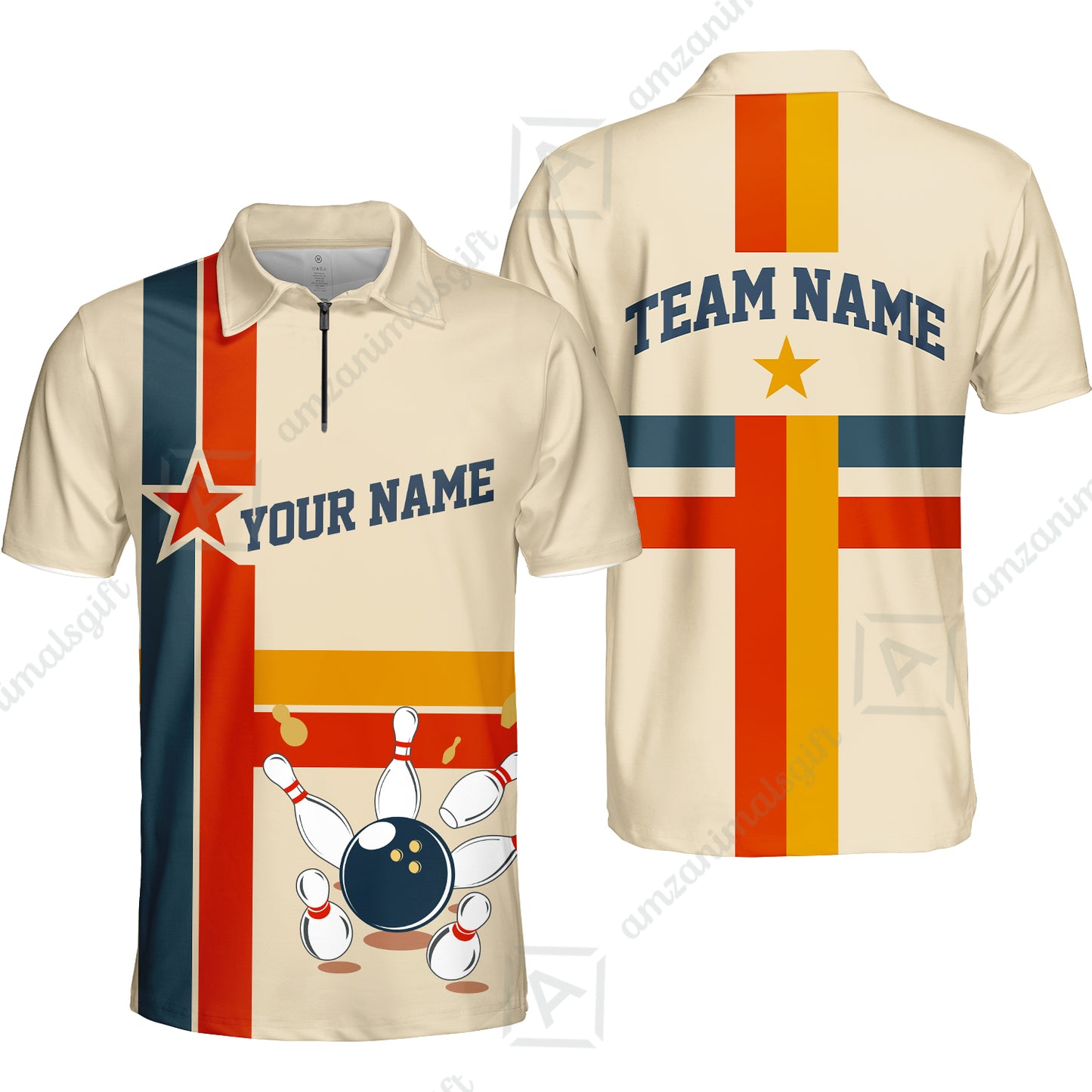 Customized Bowling Quarter-Zip Polo Shirt, Vintage Americana Bowling Style Zip Polo Shirt For Bowling Team, Bowlers