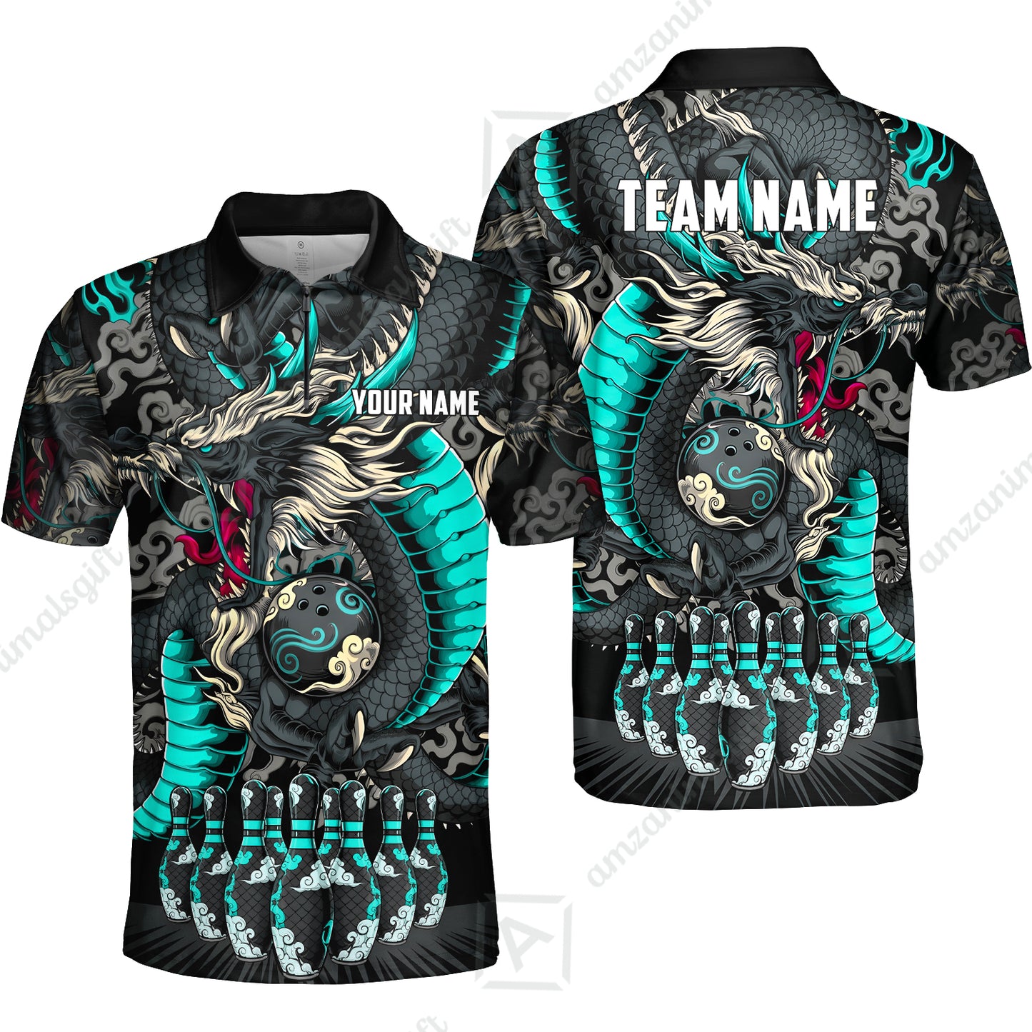 Custom Bowling Jersey Polo Shirt, Oriental Jade Dragon & Classic Clouds, Custom Bowling Jersey Team Shirt For Players With Name & Team Name